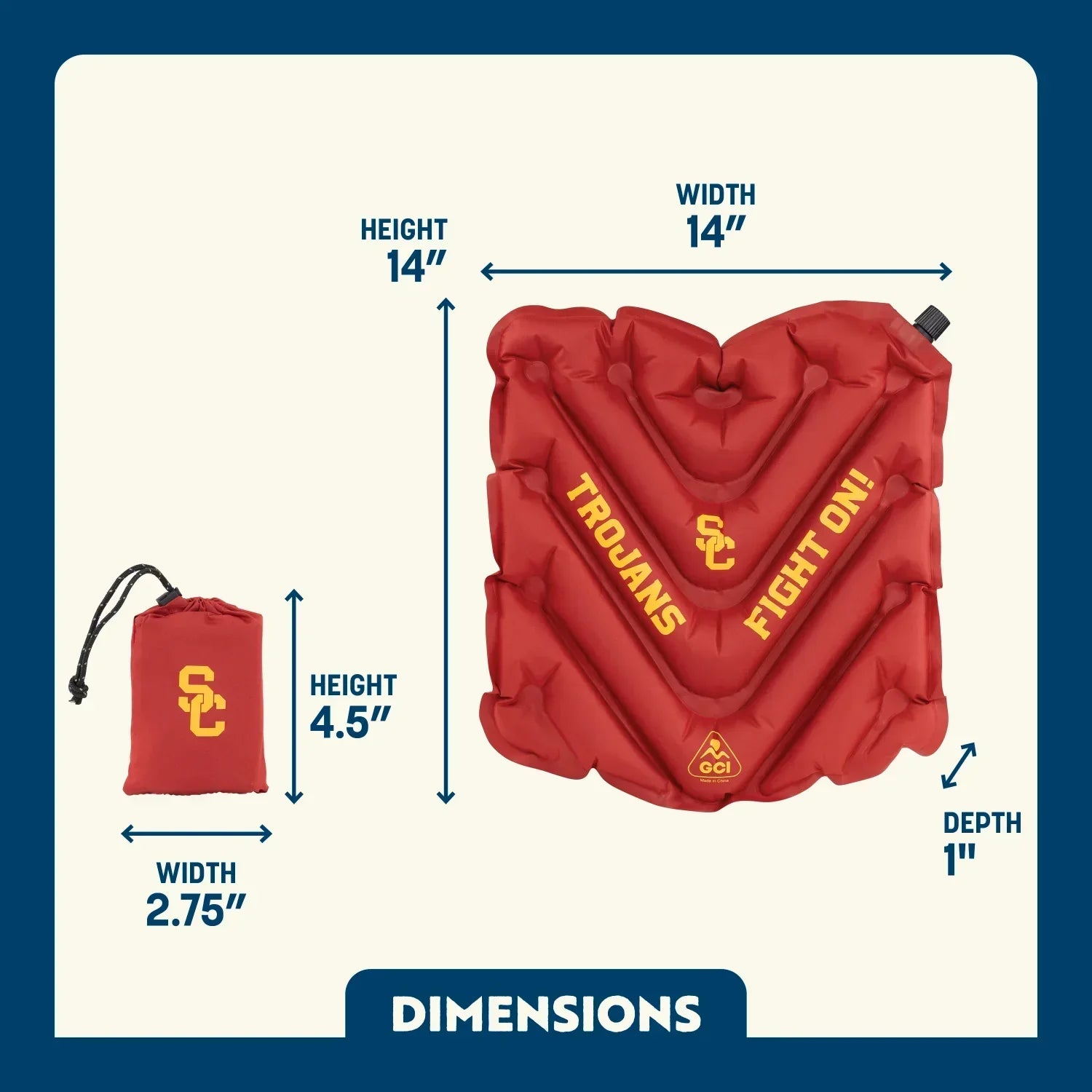 Compact Cushion College V Seat Inflatable Stadium Cushion - USC Trojans - Choice 523 - Lightweight Folding Bleacher Chair with Cushioning Detail