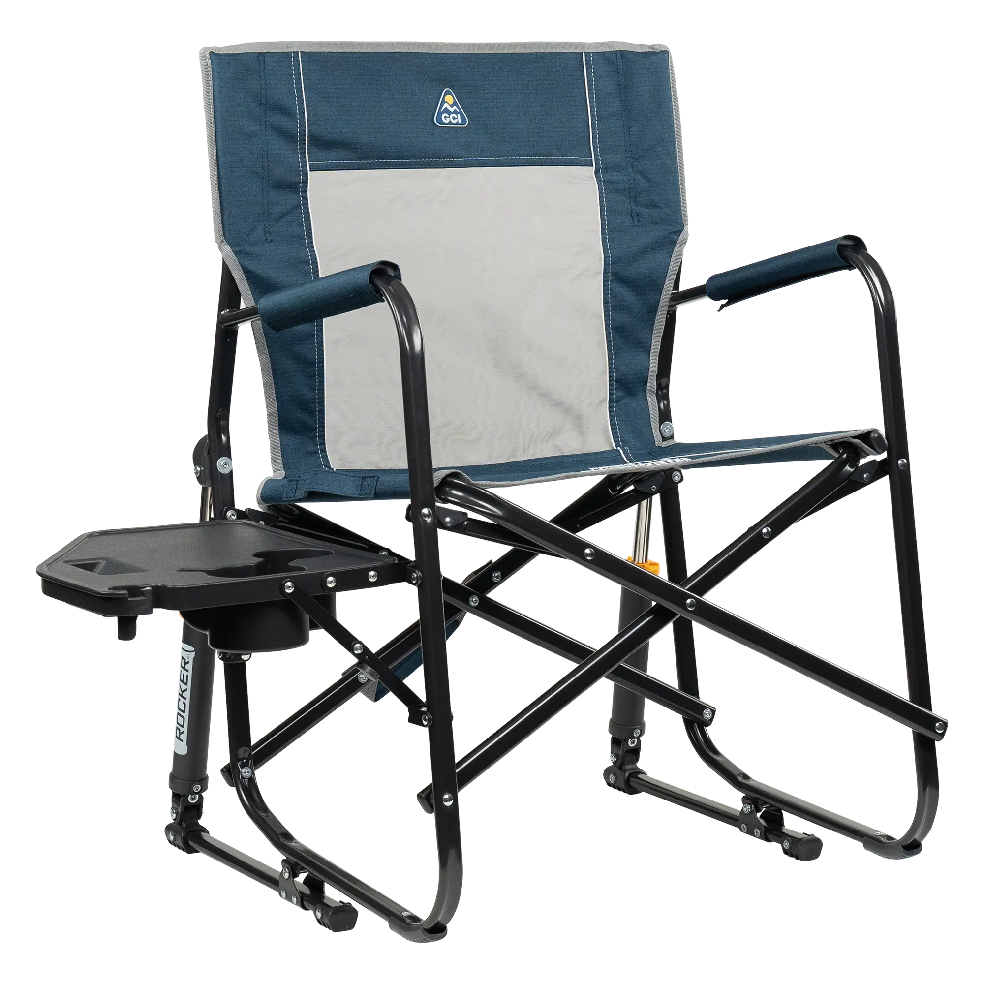 Luxury Camp Freestyle Rocker with Side Table - Choice 853 - Patented Spring-Action Rocking Chair for Camping - Heathered Indigo