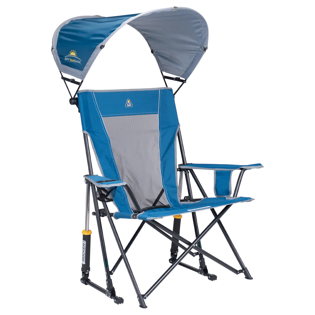 Luxury Camp SunShade Rocker - Choice 550 - RoadTrip Rocker Smooth Motion Camp Chair - Neptune Blue