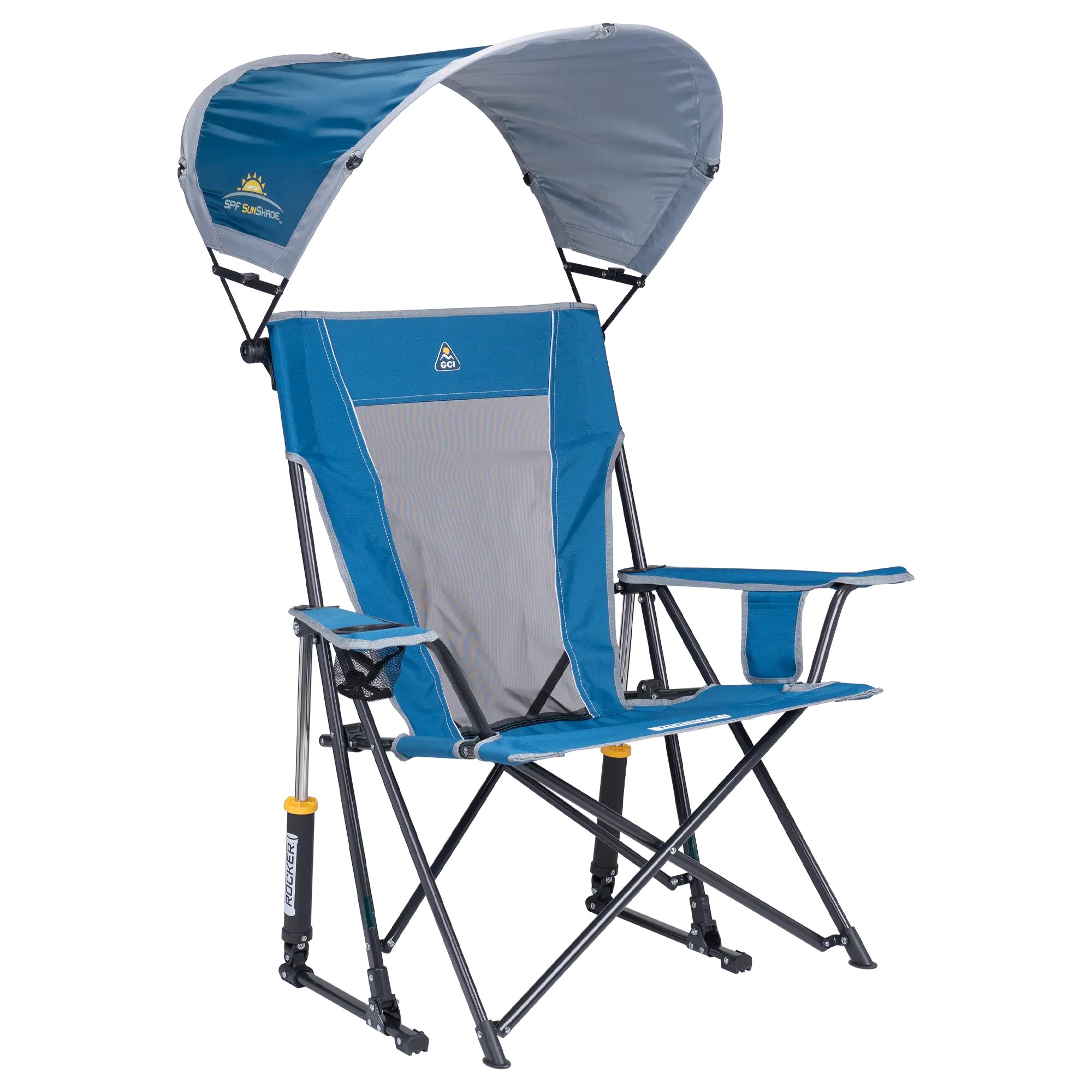 Luxury Camp SunShade Rocker - Choice 550 - RoadTrip Rocker Smooth Motion Camp Chair - Neptune Blue