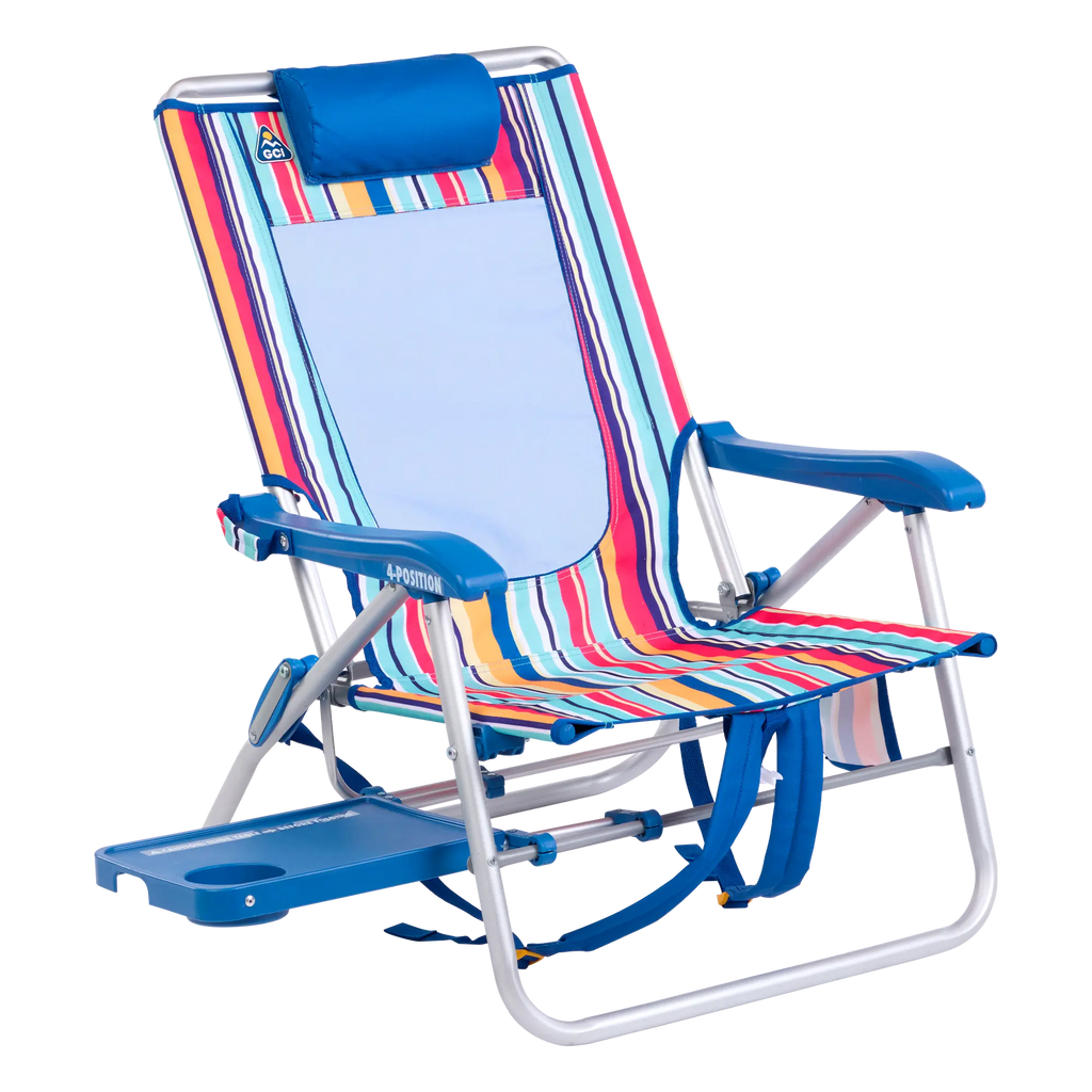 Rust-Resistant Aluminum Big Surf with Slide Table - Choice 334 - Multi-Position Outdoor Beach Chair with Pillow - Multi Stripe