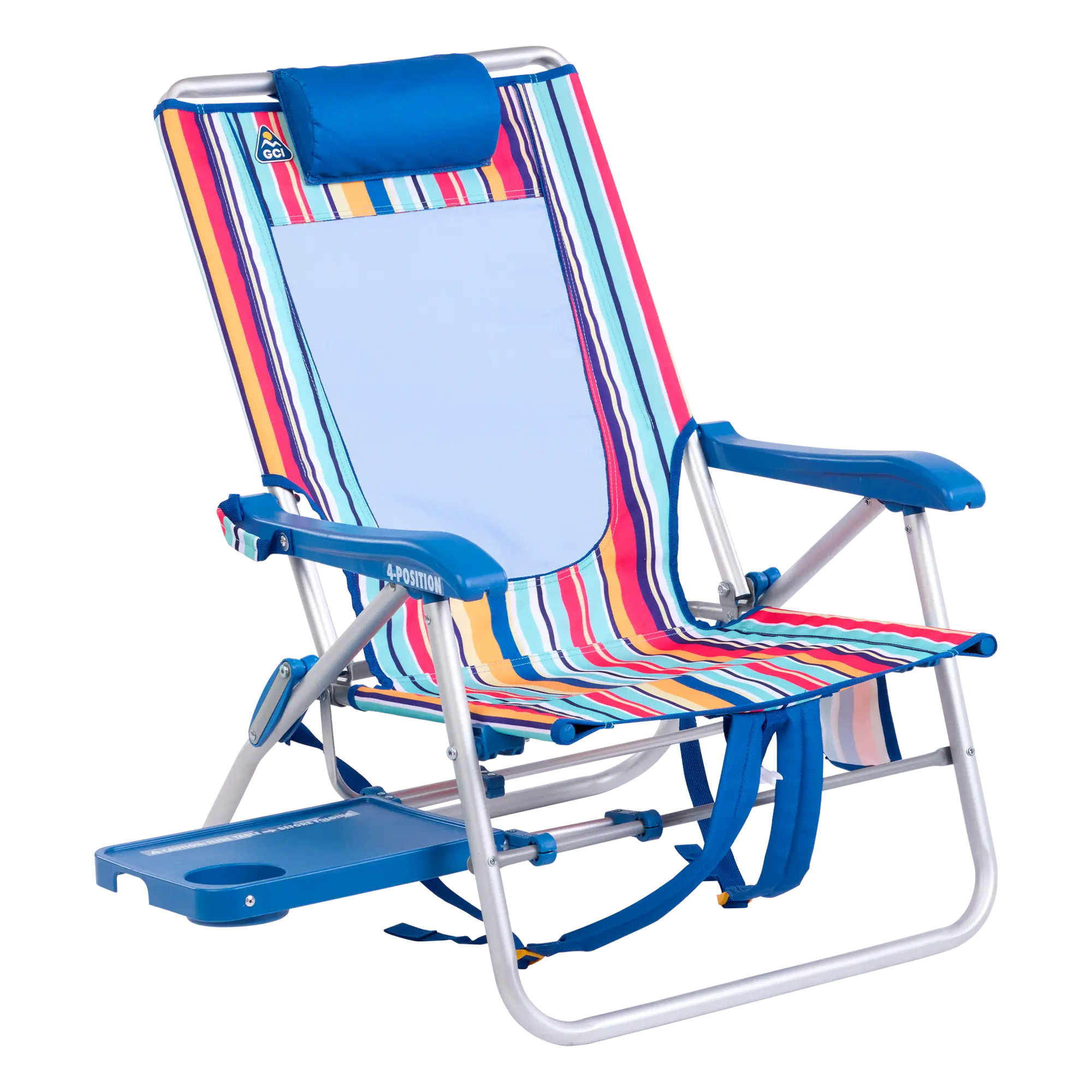 Rust-Resistant Aluminum Big Surf with Slide Table - Choice 334 - Multi-Position Outdoor Beach Chair with Pillow - Multi Stripe