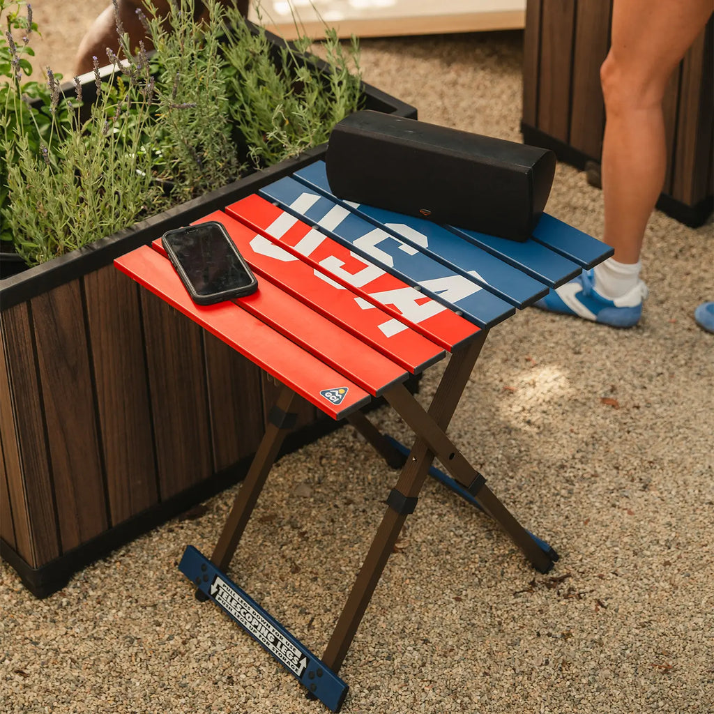 Slim-Fold Compact Camp Table 20 - USA Anniversary Deluxe - Choice 757 - Slim-Fold Outdoor Cook Station with Storage Shelves Detail