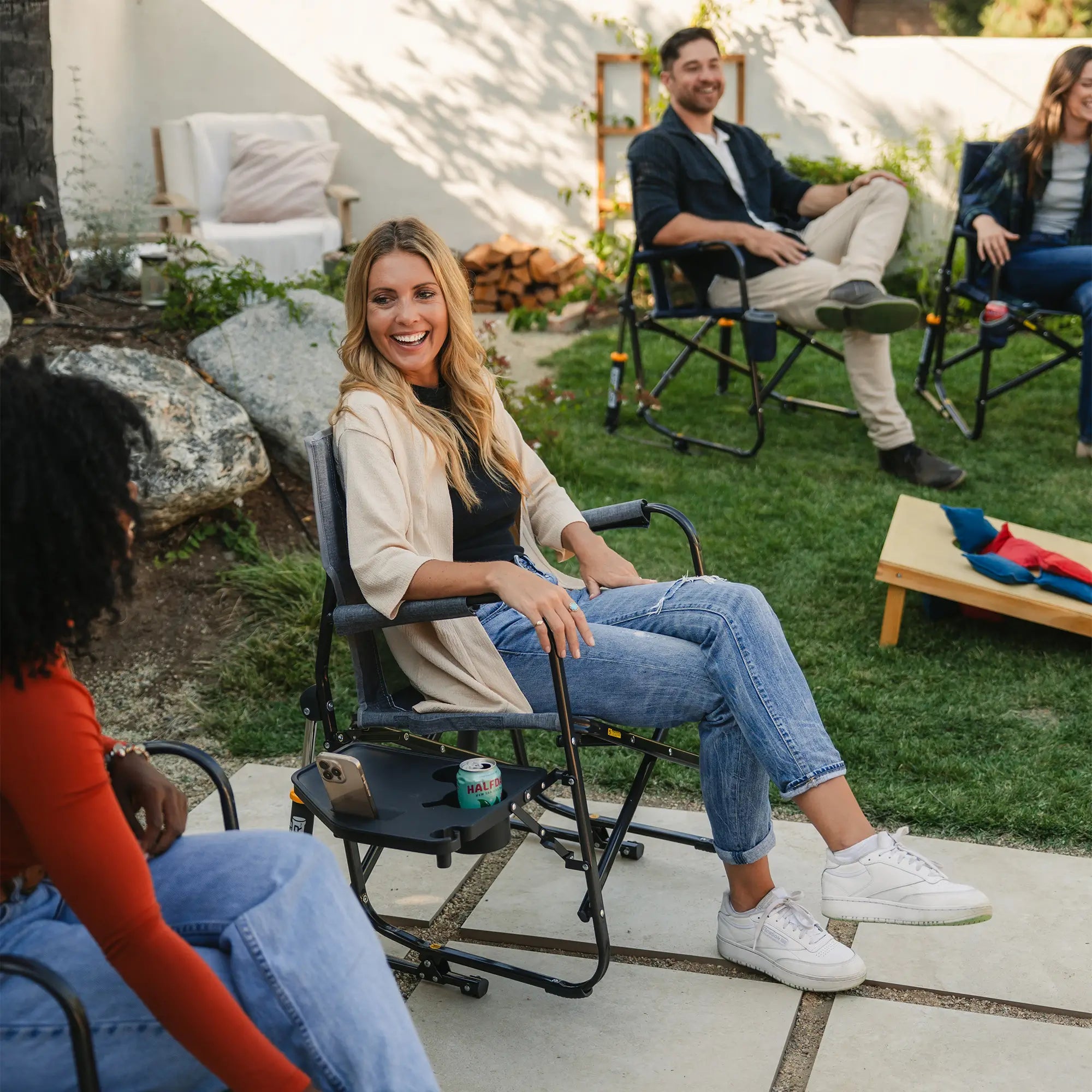Luxury Camp Freestyle Rocker with Side Table - Choice 853 - Patented Spring-Action Rocking Chair for Camping Detail