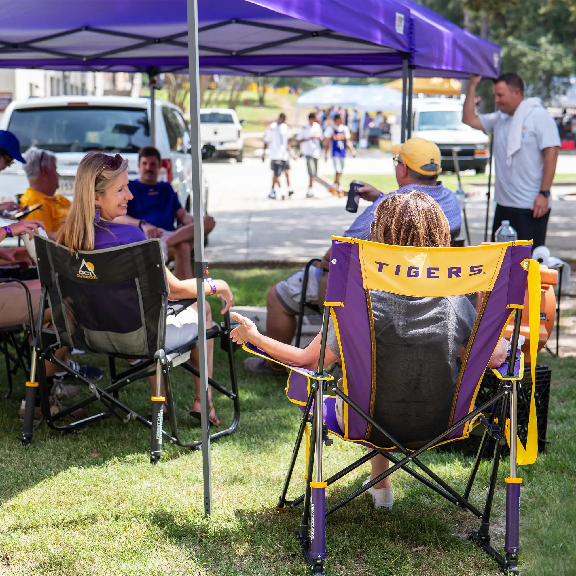 Luxury Camp College Comfort Pro Rocker - LSU Tigers - Choice 880 - Freestyle Rocker Portable Outdoor Folding Chair Detail