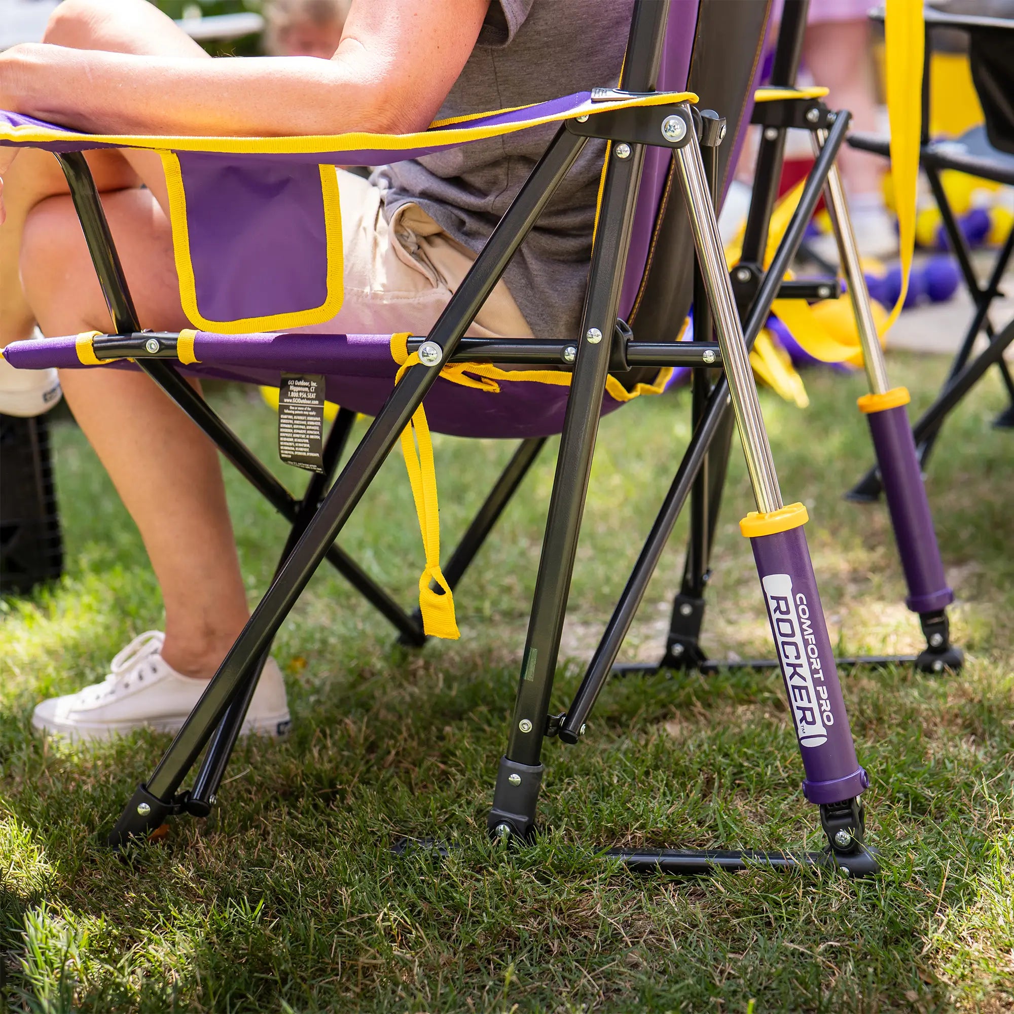 Luxury Camp College Comfort Pro Rocker - LSU Tigers - Choice 880 - Freestyle Rocker Portable Outdoor Folding Chair Detail