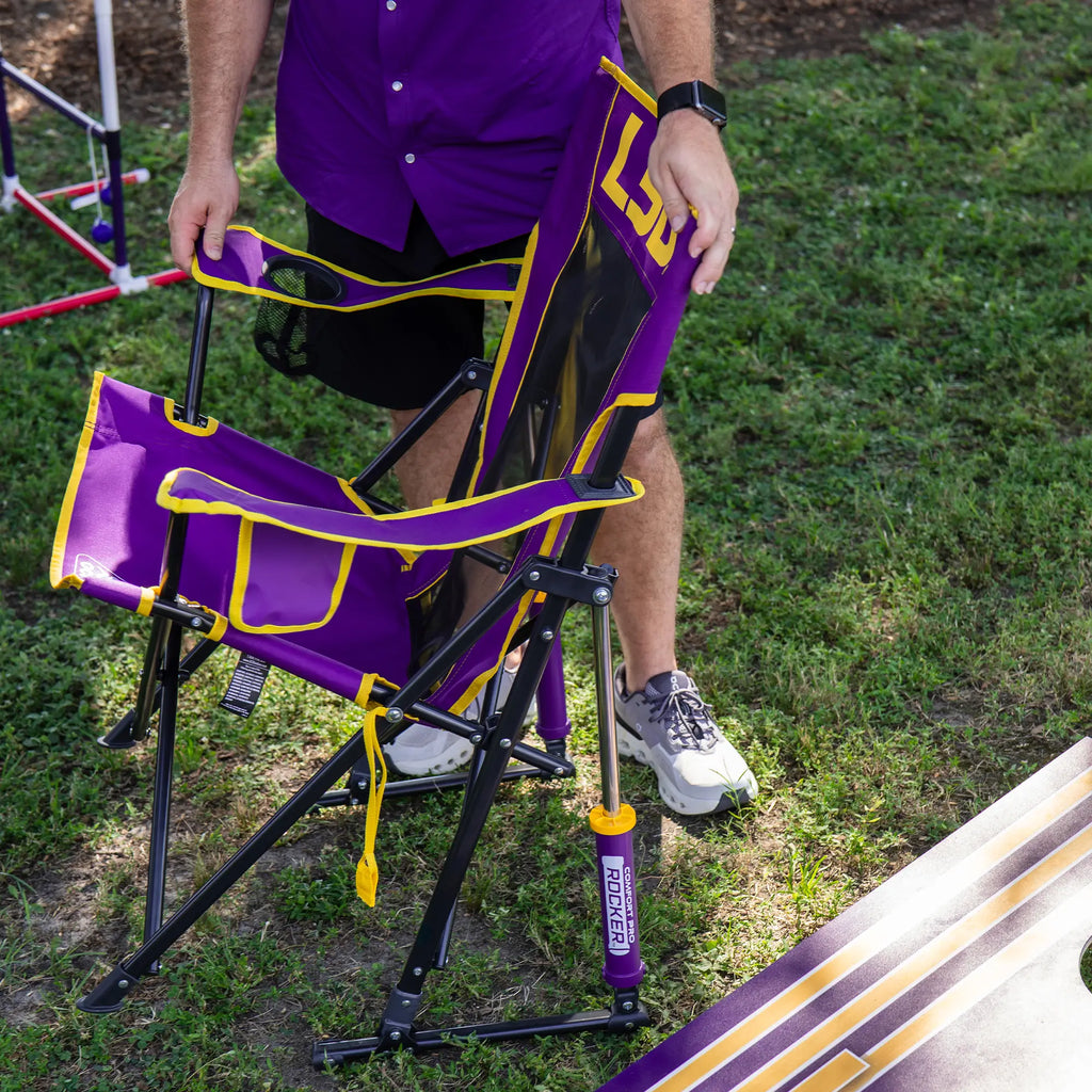 Luxury Camp College Comfort Pro Rocker - LSU Tigers - Choice 880 - Freestyle Rocker Portable Outdoor Folding Chair Detail