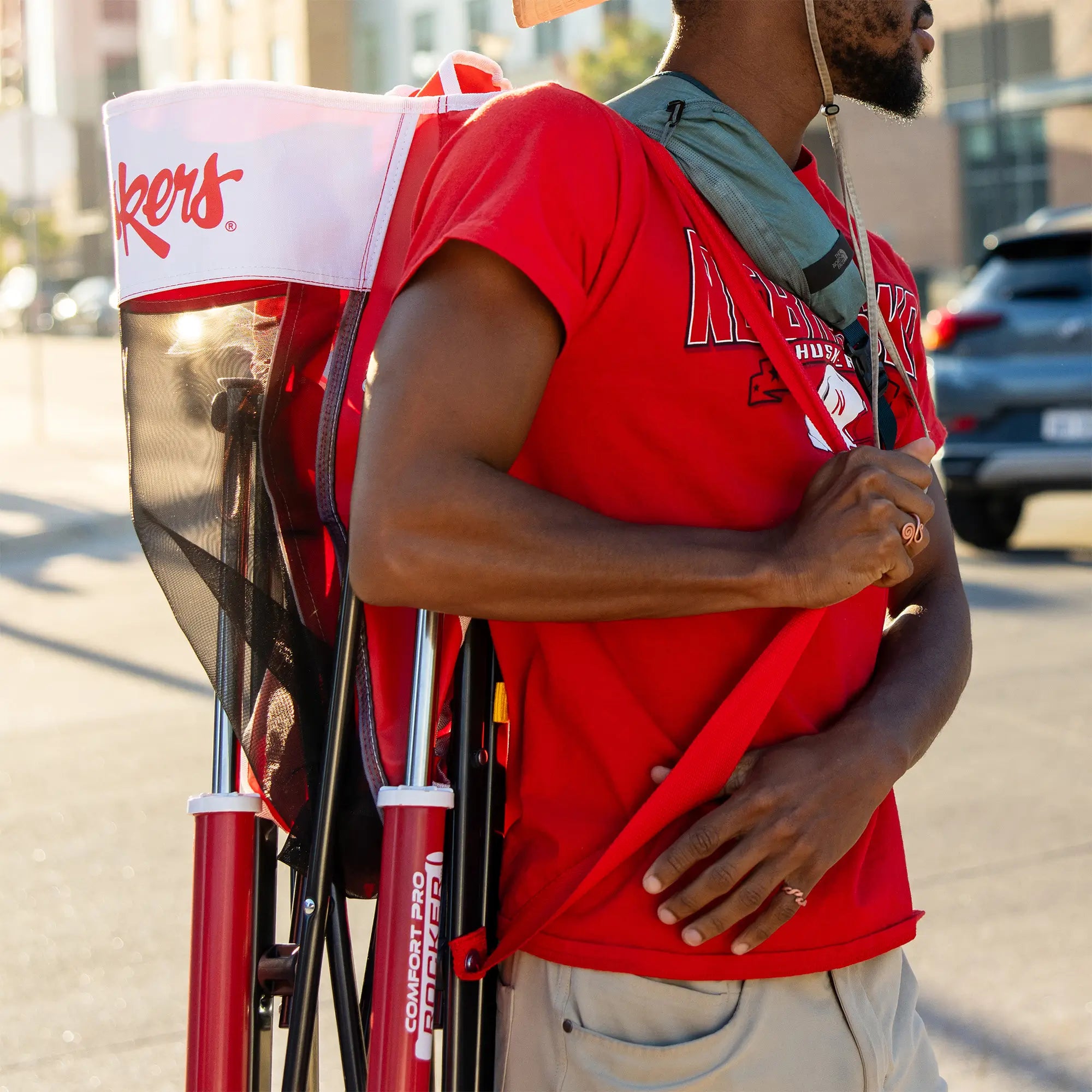 Patented Spring-Action College Comfort Pro Rocker - Nebraska Cornhuskers - Choice 161 - Freestyle Rocker Portable Outdoor Folding Chair Detail