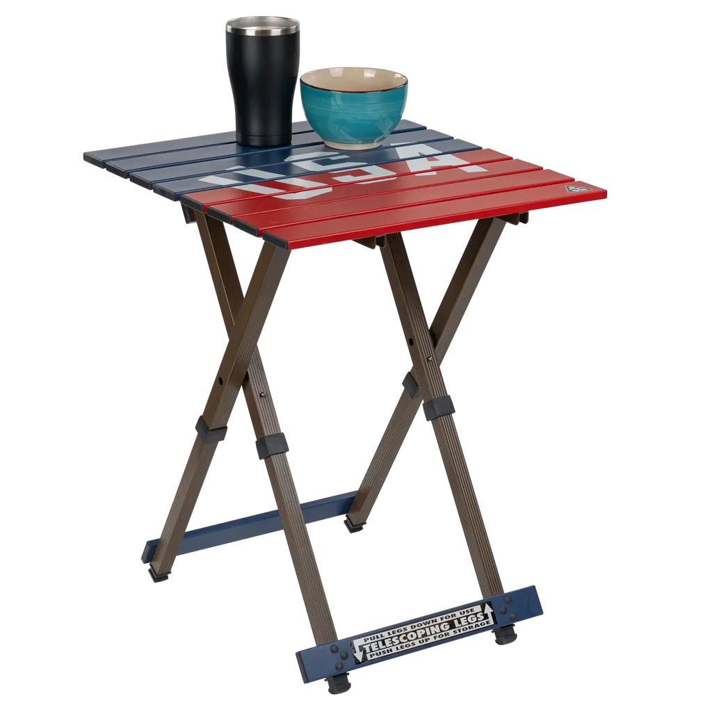 Slim-Fold Compact Camp Table 20 - USA Anniversary Deluxe - Choice 757 - Slim-Fold Outdoor Cook Station with Storage Shelves Detail