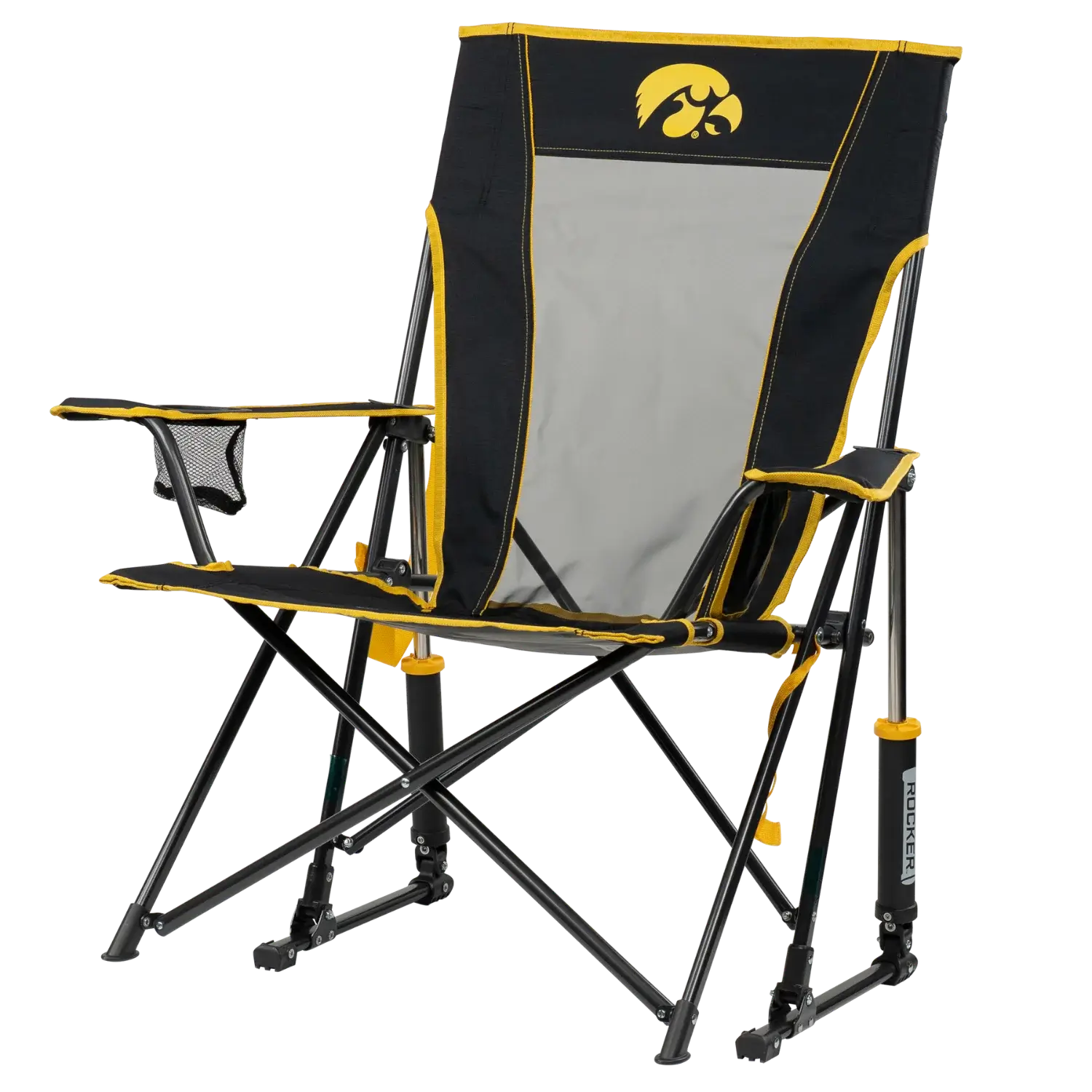 Premium All-Weather College Comfort Pro Rocker - Iowa Hawkeyes - Choice 249 - Patented Spring-Action Rocking Chair for Camping Detail