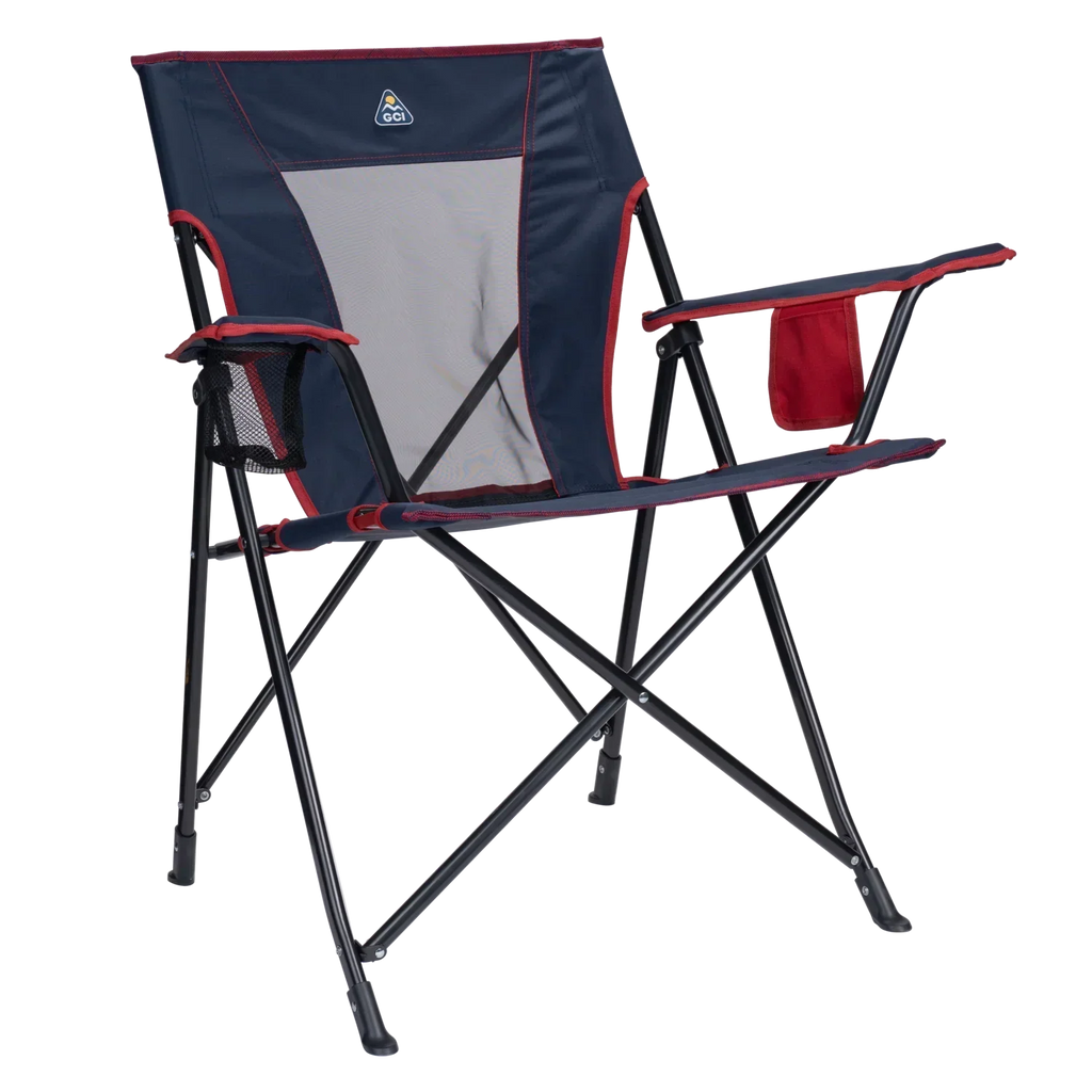 Micro-Folding Comfort Quad Chair - Choice 989 - Premium Slim-Fold Compact Chair with Messenger Bag - Indigo/Red