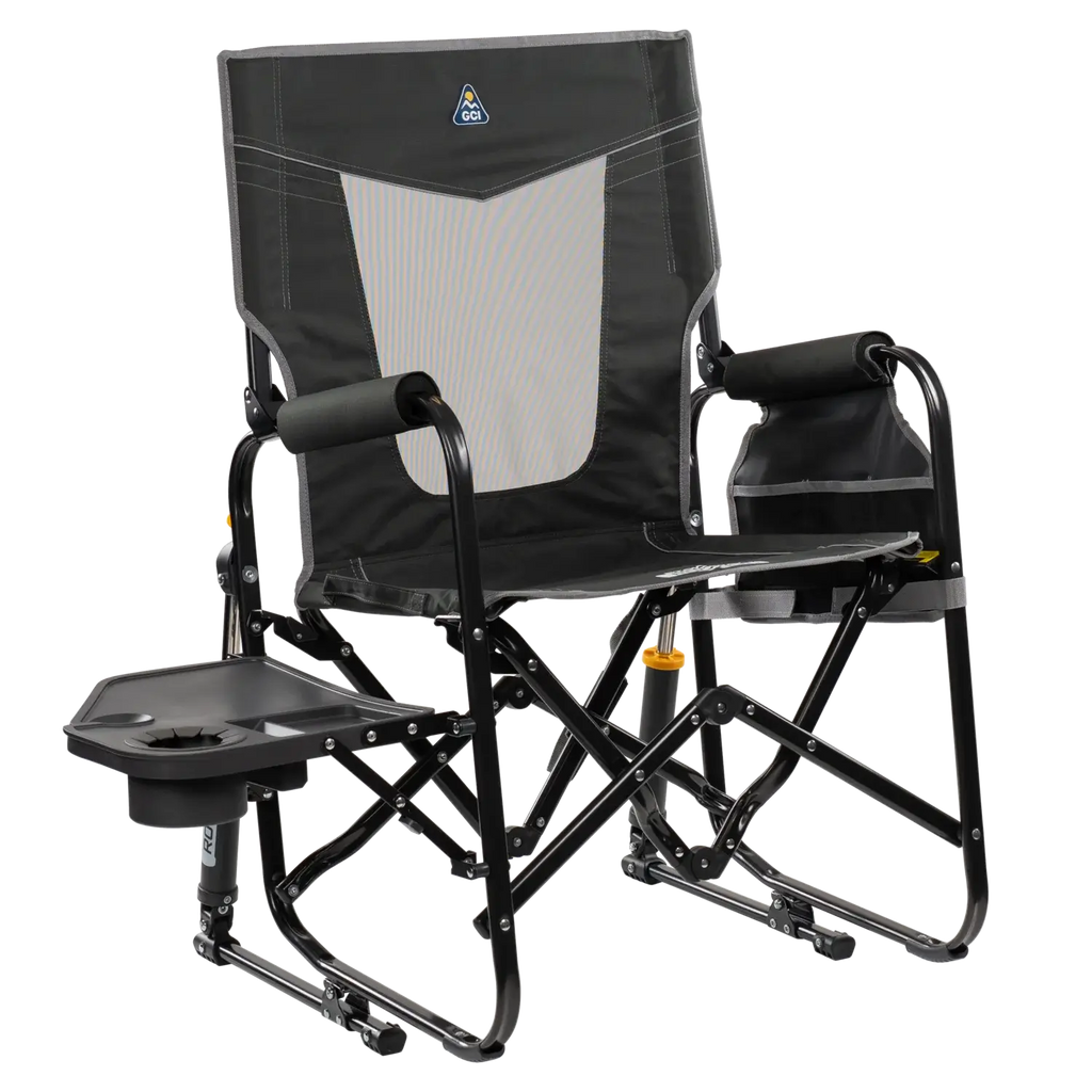 Patented Spring-Action Stowaway Rocker with Side Table - Choice 253 - Heavy-Duty Kickback Rocker with Beverage Holder - Dark Charcoal