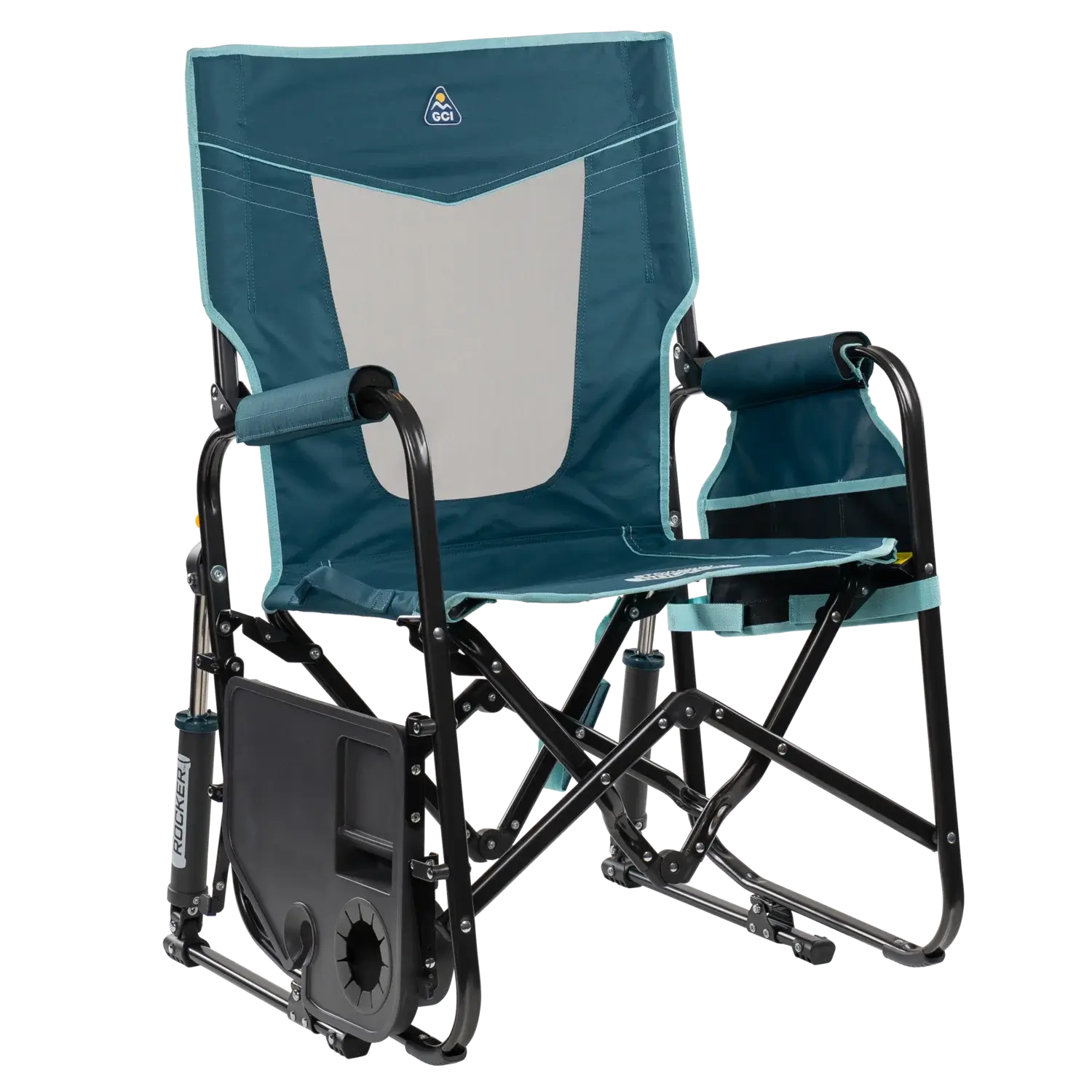 Patented Spring-Action Stowaway Rocker with Side Table - Choice 253 - Heavy-Duty Kickback Rocker with Beverage Holder Detail